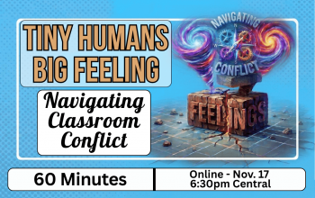Navigating Classroom Conflict professional development webinar graphic featuring text and a conceptual compass over cracked stone block